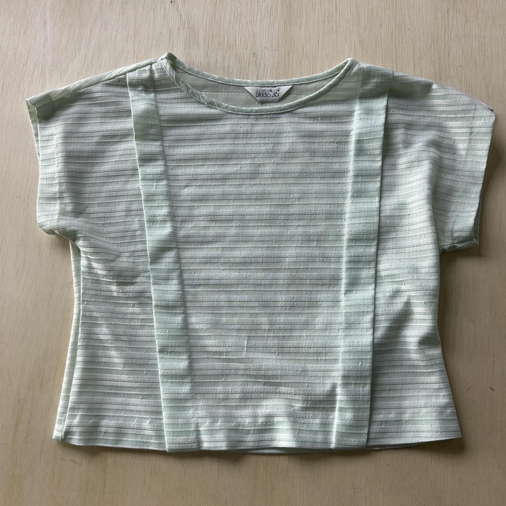 Studio 36 Shirt Womens Medium Teal Striped Jersey Cap Sleeve Crew Neck Top